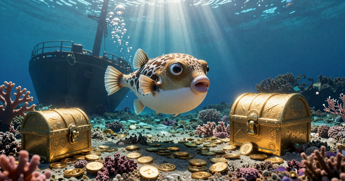 Cartoon Kugelfisch-Maskottchen von Fugu Casino schwimmt neben goldenen Schatztruhen im Unterwasser-Set