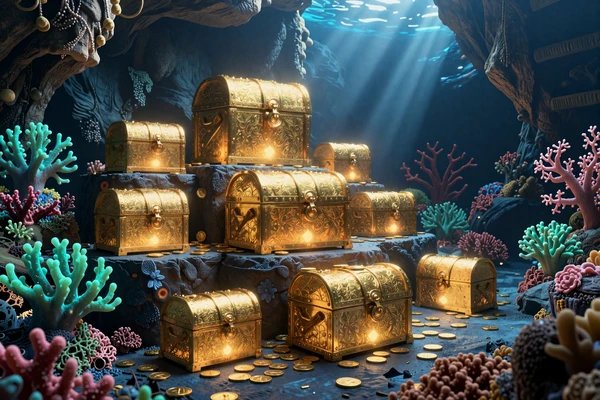 Kugelfisch-Maskottchen von Fugu Casino mit Lupe untersucht versunkene Schatztruhe im Unterwasser-Set